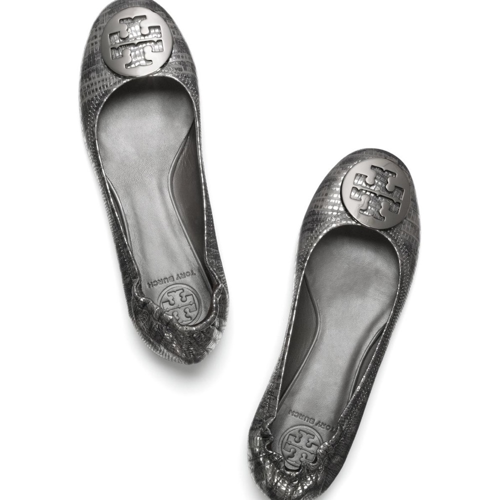 TORY BURCH REVA GRAY METALLIC SNAKESKIN SZ 6